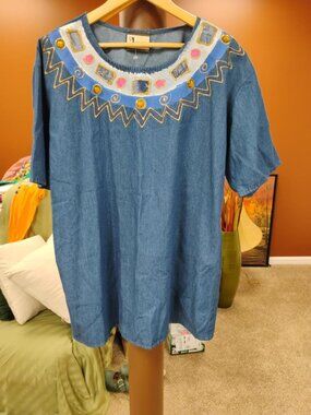 Vintage Visage Denim Tunic XL Wearable Art Embellished Made USA
